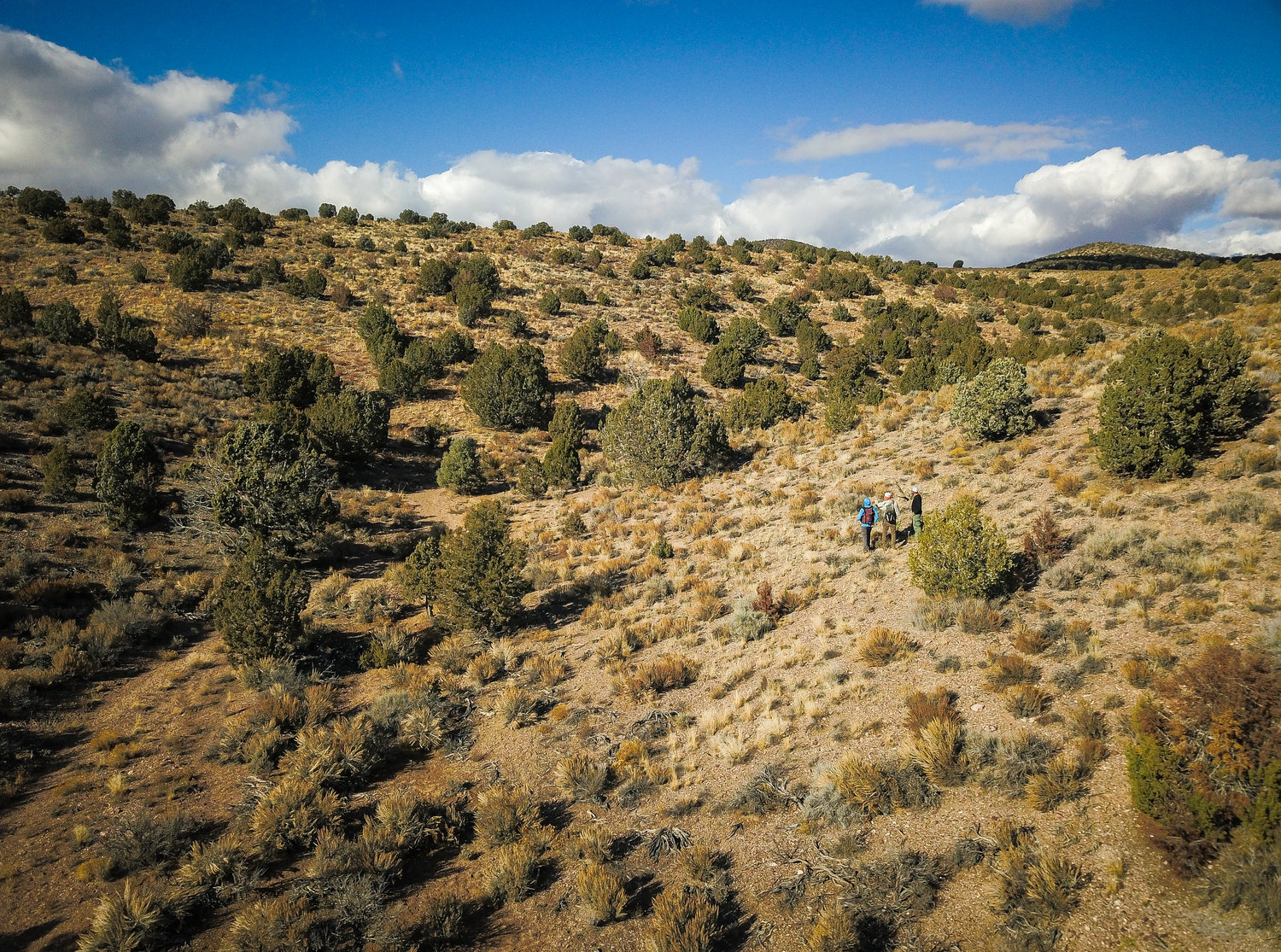 "Aerial view of a hilly desert landscape with three people small within the scene."