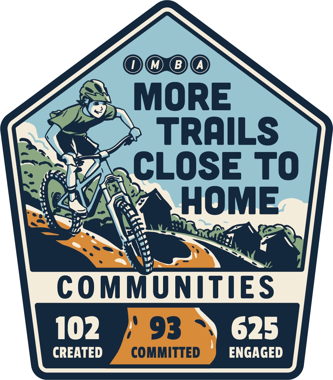 A badge for More Trails Close to Home shows the image of a mountain biker on a trail and notes 68 communities where trails have been created, 79 have committed, and 366 have engaged in the process.