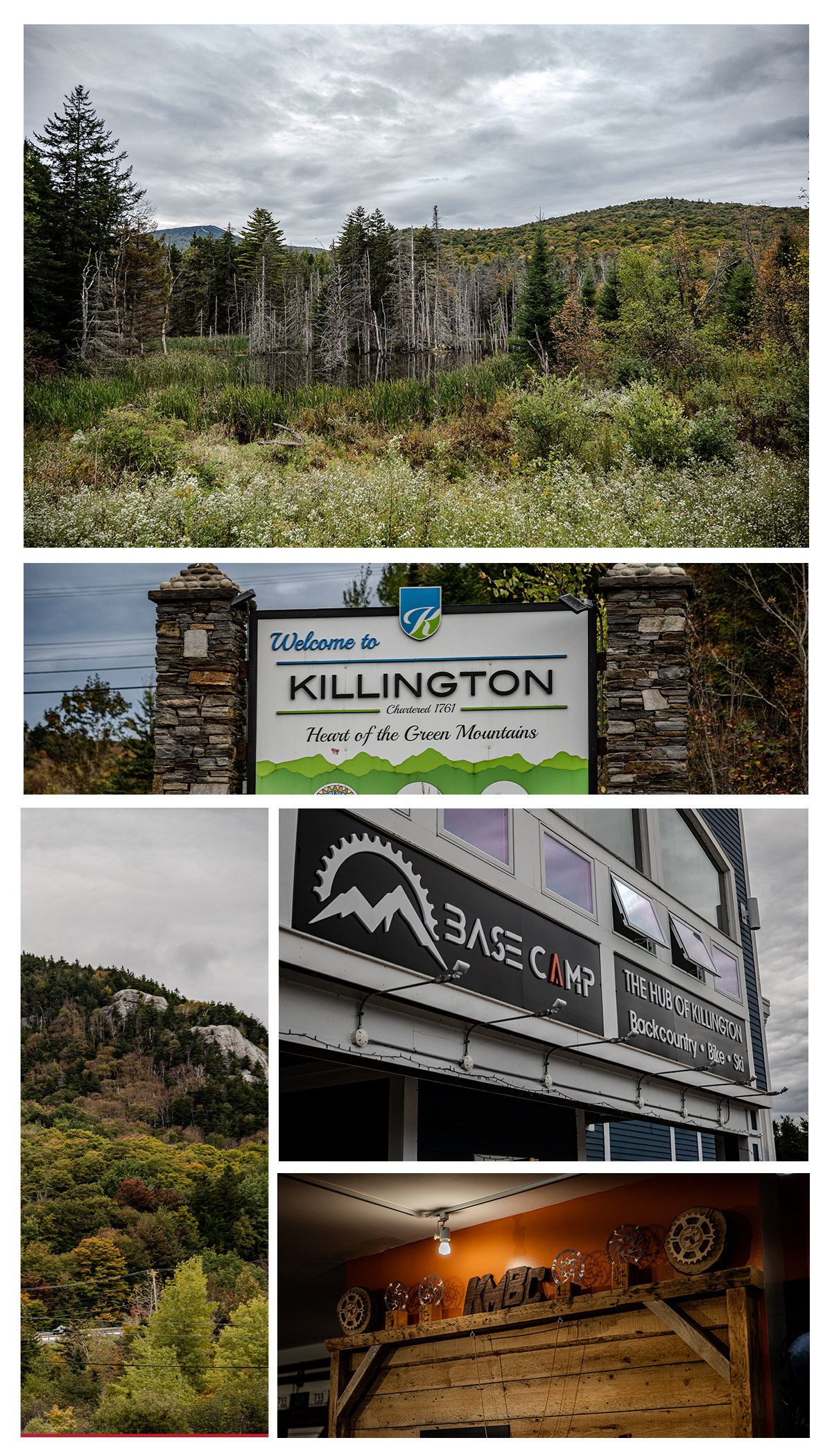 A collage of images of: photo of the woods in Killington, VT, Basecamp, the inside of a bike shop.