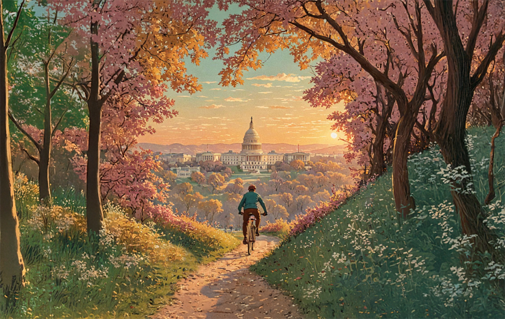 AI Generated Illustration of Mountain Biker Riding Through Springtime Scene Heading Toward the Nation's Capitol