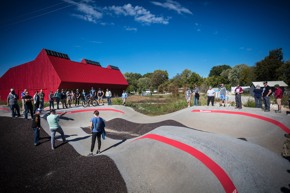 Group attending an IMBA Trailhead, learning at a local pumptrack