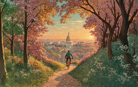 AI Generated Illustration of Mountain Biker Riding Through Springtime Scene Heading Toward the Nation's Capitol