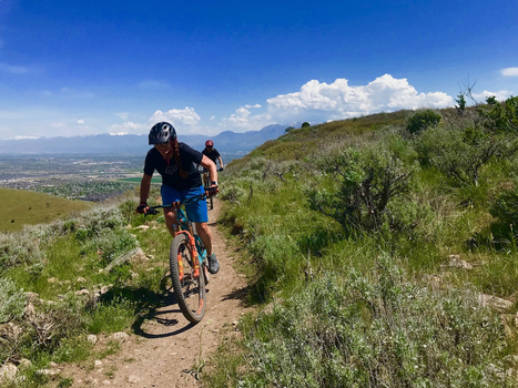 Two people riding mountain bikes on the bst